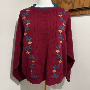 Cynthia J Burgundy Knit Sweater Floral Size Large Vintage Pullover